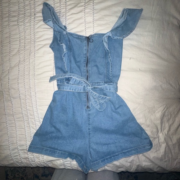Tinseltown Blue Denim Ruffled Sleeves Belted Romper - Picture 2 of 3